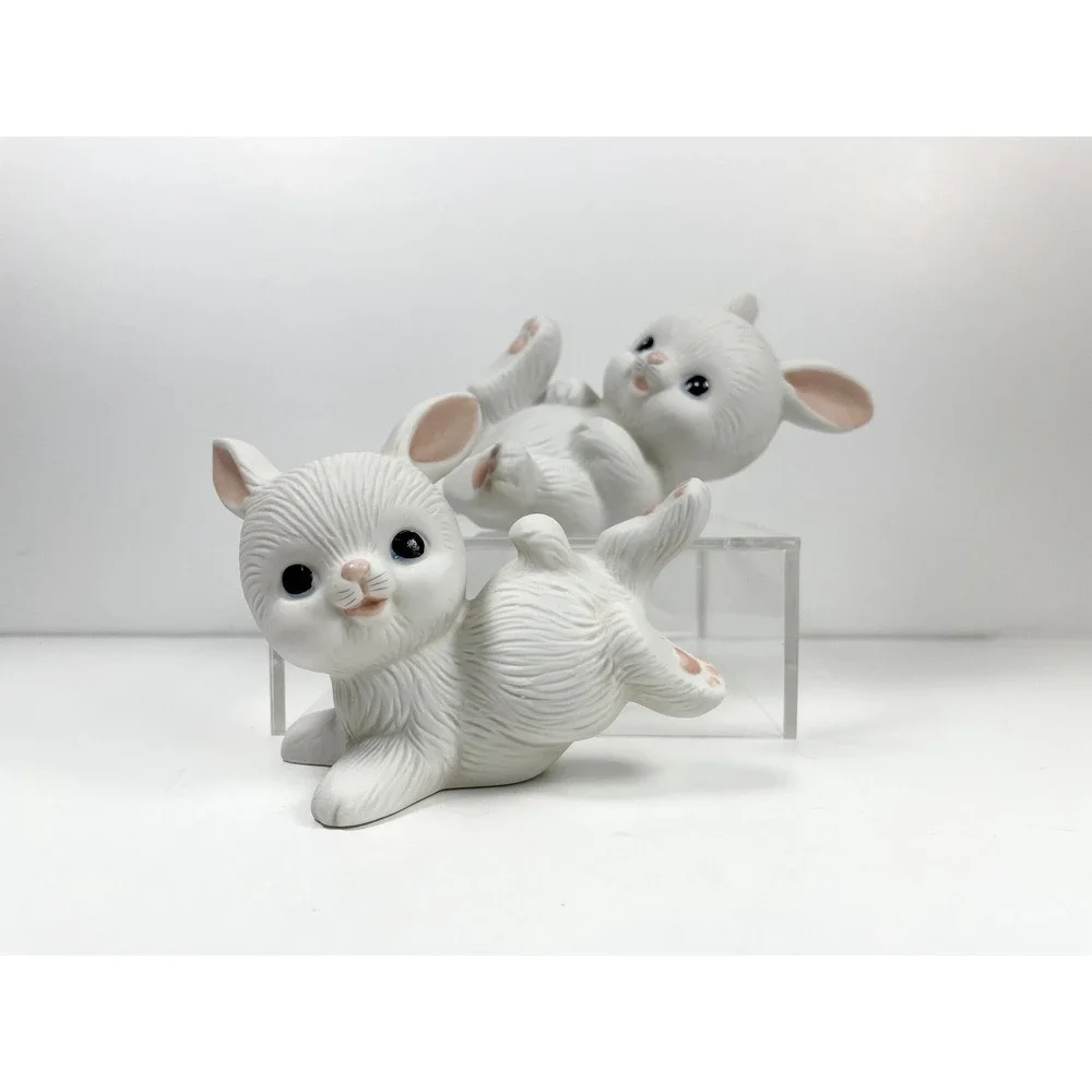 Vintage Homco Playful‎ white Baby Bunnies smiling pink ears set of 2 twee